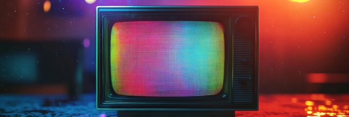 Aufkleber - Retro television displaying colorful static patterns in a dimly lit room with vibrant ambient lighting. Generative AI