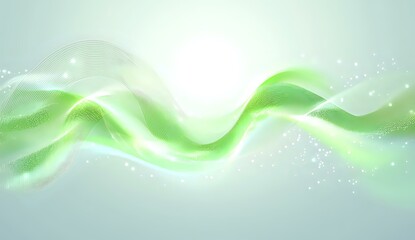 Poster - Abstract flowing green wave with glowing light effect and sparkles on soft white background, modern dynamic design element for creative projects.