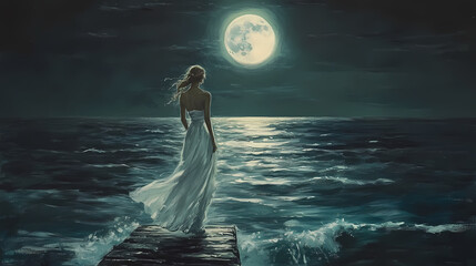 Sticker - The full moon rises gracefully over the sea, its silvery light painting a shimmering path across the dark waters. Shimmering Path. Illustration