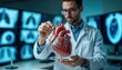 © miss irine - Scientist examines artificial heart model in lab. Medical research focuses on cardiovascular tech innovation. Expert studies heart model parts. Modern lab setting. Medical research. Cardiovascular