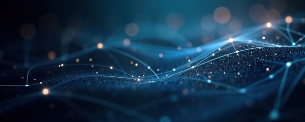 Poster - Abstract dark blue background shows glowing connections. Network pattern with dots, lines. Futuristic design. Modern abstract tech wallpaper. Visual data network. Geometric pattern. Cyber digital