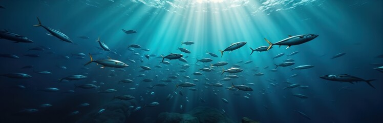 Aufkleber - Sunlight beams through deep ocean water. School of blue tuna fish swims together. Ocean life shows aquatic wildlife. Nature scene in blue deep sea. Fish swimming. Sunlight in sea water. Wonderful