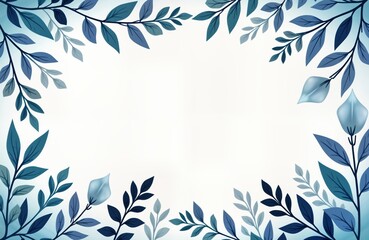 Poster - Elegant blue botanical design. Leaves, branches create beautiful frame. Minimalist, tranquil design. Ideal for card decor. White background contrasts beautifully with foliage. Suitable for various