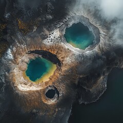Wall Mural - Aerial Perspective of Dynamic Crater Lakes Surrounded by Terrain