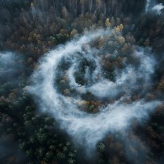 Wall Mural - Aerial View of an Eerie Forest Surrounded by Swirling Mist