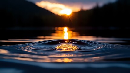 Poster - Water drop creating concentric ripples on calm lake surface at sunset, golden sun reflection illuminates water rings against dark mountain silhouette background.