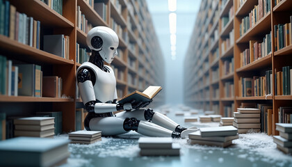 Aufkleber - AI robot sits in library reading book. Futuristic tech concept. Learning, knowledge. Modern automation. Innovation in education. Robotic future. Modern library setting. Learning, knowledge concept.