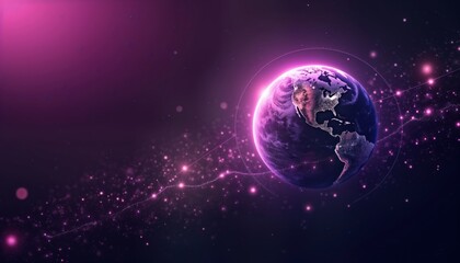 Wall Mural - Purple space planet background with astronomy theme. Digital abstract cosmos graphic design. Shows globe of Earth in deep space. Starry night sky backdrop. Futuristic, virtual concept. Global travel