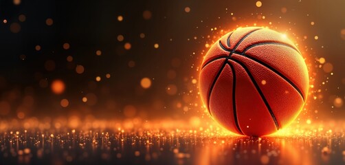 Poster - Amber glowing basketball on dynamic dark background. Futuristic sports theme with glowing motion, energy. Abstract digital art piece. Perfect for tech, sport design projects. Modern graphic