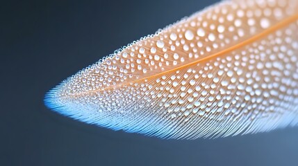 Poster - Delicate orange and blue feather with water droplets creating a mesmerizing macro pattern against dark background, showing intricate natural texture and detail.