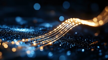 Poster - Glowing golden wave lines flow through scattered blue light particles against dark background, creating magical atmosphere for technology and innovation designs.