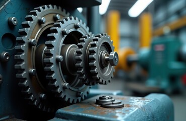 Leinwandbilder - Industrial machine with complex gears, metal parts. Gears interlocked to power metal piece. Precision tools create motion in workshop setting. Metalworking machinery operates in factory. Image of