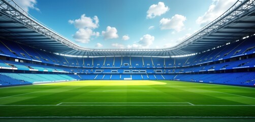Empty blue stadium with green grass field. Sunny day with clouds. Large structure. Modern design. Sports arena. Suitable for football or soccer fans. Great for presentations about sports venues.