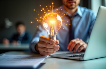 Poster - Businessman holds glowing light bulb. Innovative idea inspires. Seated at office desk with laptop. Focused on creative business plan. Successful startup moment. Person holds tech solution. Modern