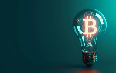 Poster - Glowing bitcoin symbol inside light bulb on turquoise background with copy space, representing cryptocurrency innovation and digital finance concept.