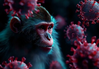Poster - Dramatic close-up of primate face surrounded by red virus particles in dark atmospheric lighting, creating mysterious scientific visualization for medical and research concepts.