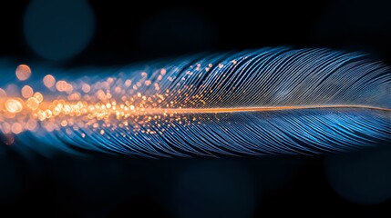 Poster - Delicate blue feather with glowing golden bokeh lights creating magical sparkles against dark background, macro photography for spiritual and wellness designs.