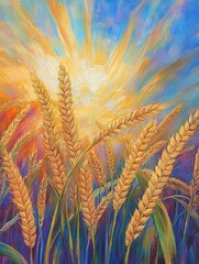 Poster - Golden wheat swaying under radiant sun rays at dusk in a colorful landscape. Generative AI