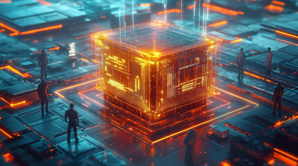 Exploration of a futuristic digital landscape with glowing data cube and figures in a high-tech environment