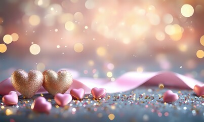 Poster - Golden hearts and pink decorations on glittery surface with dreamy bokeh lights background in soft pink and blue tones, romantic holiday celebration atmosphere.