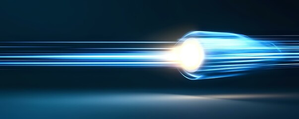 Poster - Glowing energy sphere with streaming light trails on dark background creates futuristic motion effect, suitable for tech and innovation concepts.