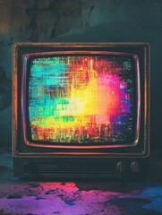 Poster - Retro television screen displaying colorful glitch patterns with vibrant static noise in a dark setting. Generative AI