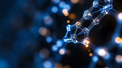 Poster - Glowing molecular structure with blue and orange light effects on dark background, scientific concept showing atomic bonds and connections in chemistry.