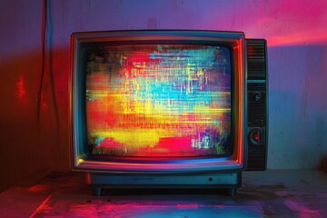 Fototapete - Retro television screen displays colorful static noise and glitch patterns in a dimly lit room at night. Generative AI