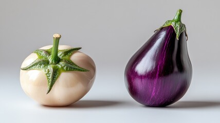 Wall Mural - Close-up of white and purple eggplants on gray background