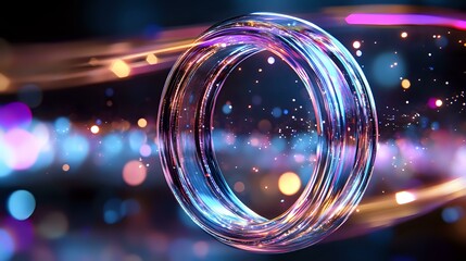 Poster - Glowing neon ring with colorful bokeh lights and sparkles on dark background creates magical atmosphere for fantasy and abstract designs.