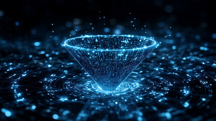 Poster - a large digital funnel processes vast streams of online data symbolizing big data technology analysi