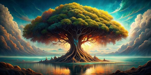 Poster - Surreal Seascape: Abstract Tree Roots Emerging from Ocean Depths - Artistic Wallpaper Design