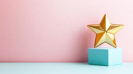 Wall Mural - Gold star trophy on blue pedestal with pink background