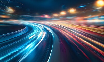 Poster - Abstract motion blur of curved light trails on dark background with glowing blue and orange streaks creating dynamic speed effect for technology concepts.