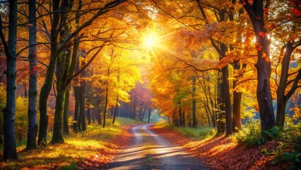  Tranquil Pathway Winding Through Vibrant Autumn Trees - Perfect for Nature Walks and Relaxation