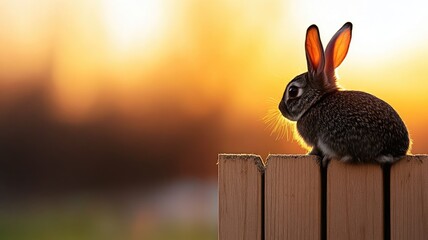Wall Mural - bunny sitting on wooden fence during sunset