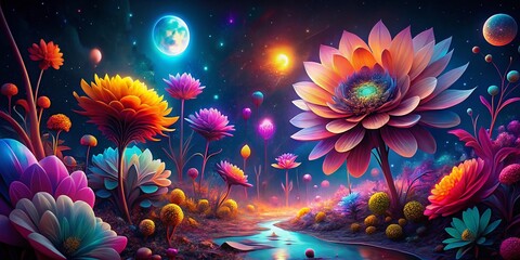 Poster - Vibrant Abstract Flower Night Bloom Desktop Wallpaper - Colorful 3D Art