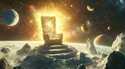 Poster - Powerful Cosmic Throne Surrounded by Planets and Stellar Light