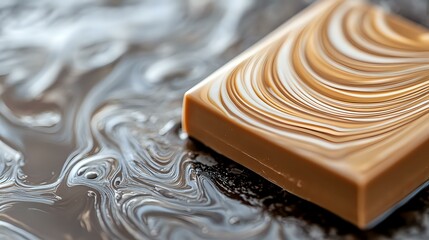 Poster - Creamy caramel chocolate bar with elegant swirled pattern on dark reflective surface creates luxurious marbled effect in macro photography.