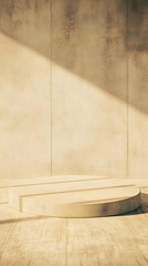 Wall Mural - Empty Round Beige Podium on Wooden Floor in Front of Concrete Wall with Sunlight