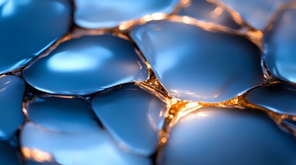 Poster - Glowing golden connections between blue cellular shapes create abstract network pattern, macro photography highlighting interconnected structure and light effects.