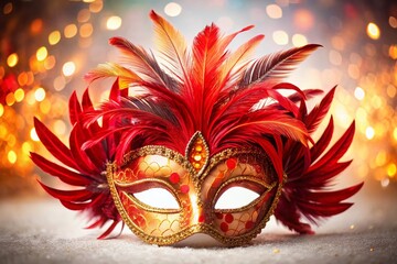 Wall Mural - Vibrant Red Carnival Mask with Feathers, Isolated on White Background - Stock Photo