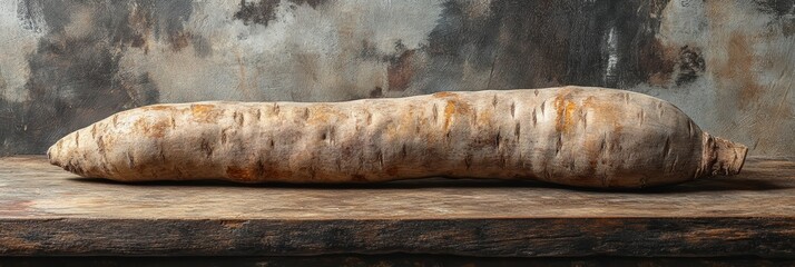 Wall Mural - A rustic wooden table holds a solitary root vegetable with rugged textures against a muted, abstract background evoking a sense of organic authenticity