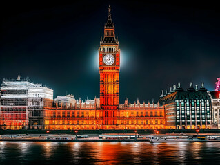 Wall Mural - Illuminated Clock Tower Stands Tall Over Cityscape at Night with River Reflection