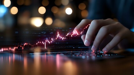 Poster - Financial trader analyzing stock market data on digital screen with red candlestick chart and bokeh lights in dark office environment. Suitable for finance and investment concepts.