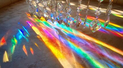 Poster - Crystal chandelier casts vibrant rainbows onto dusty floor in sunlit room. Generative AI