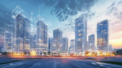 Poster - Futuristic Cityscape with Digital Overlay and Urban Skyline Design