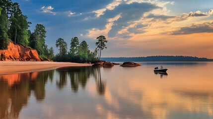 Poster - Tranquil Sunset Reflections on a Serene Lake with Boat and Sandy Shore