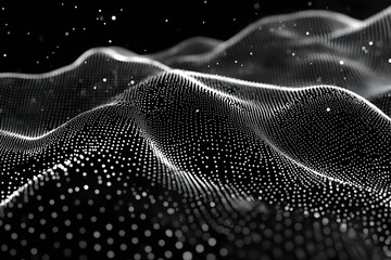 Wall Mural - Abstract 3D Rendered Digital Wave of White Particles Forms a Dynamic Landscape on a Black Background.