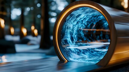 Poster - Futuristic tunnel with glowing blue energy waves viewed through metallic circular portal, creating dynamic perspective with light effects and reflections.